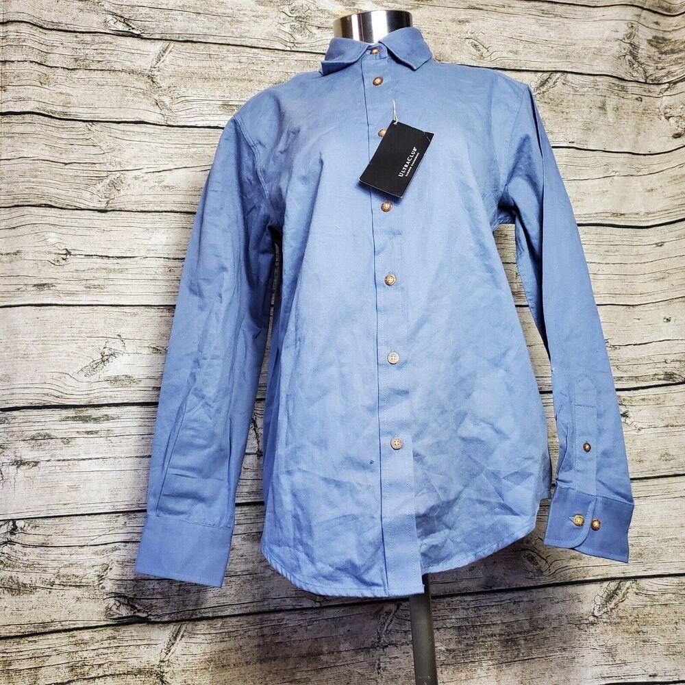 Ladies Ultra Club Sanded Gabardine Blue Long Sleeve Button Down Shirt Size Small